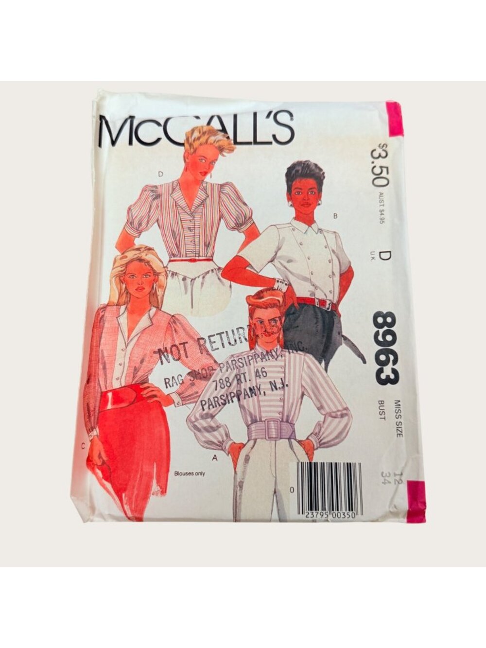 Vintage 1980s McCalls Sewing Pattern 8963 Misses Blouse Size 12 Bust 34 Uncut